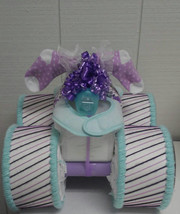Lilac Purple Mint Green Purple Themed Baby Shower Four Wheeler Diaper Cake Gift - £70.61 GBP