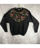Vintage Beaded Sweater Wmns L Black Flowers Sequin Knit Top Grandma Cott... - $45.21 CAD