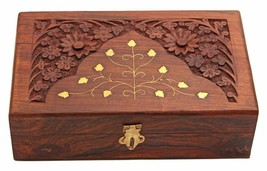 Handmade Wooden Storage Box Jewelry Holder Organizer Floral Hand Brass 8 inch - £26.38 GBP