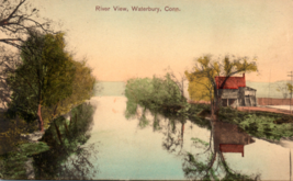 Waterbury Connecticut Hand Colored River View Riverside Building Postcard - £6.43 GBP