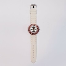 Peach Rhinestone Bezel Women&#39;s Watch Charming Charlie White Band *WORKS GREAT* - £11.75 GBP