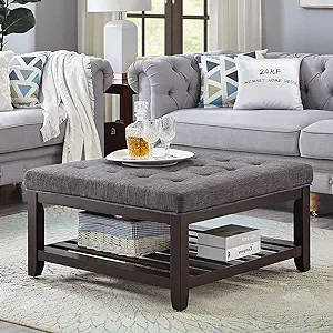 Large Square Upholstered Tufted Linen Ottoman Coffee Table, Large Footre... - $428.99