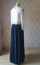 Navy Bridesmaid Sets Dress Full Chiffon Skirt Hollow Long Sleeve Crop Lace Top image 4