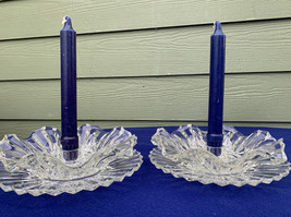 Federal Glass Pioneer candle bowls, pr of vtg ruffled crystal  w/ 2 under plates - £14.11 GBP