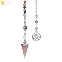 CSJA Natural Stone Cone Pendulums Crystal 3D Buddha 7 Chakras Chain Reiki Pendul - £13.03 GBP