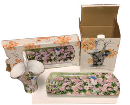 Madison &amp; Max At Home Roses &amp; Birdhouse Porcelain Basket &amp; Tray Set W/ Boxes - £42.80 GBP