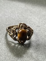 Vintage Espo Signed Goldtone Flower w Oval Brown Tigereye Stone Ring Size 6 – - £9.02 GBP