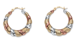 Diamond Cut Banded Tri Tone Hoop Earrings 14K White Yellow Rose Gold - £239.79 GBP