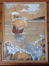 Vintage Outsider Art Framed Sailing Tall Ship Ocean Nautical Painting Dr... - £63.94 GBP