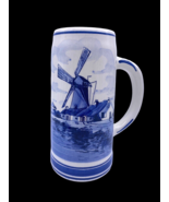 Vintage Delft Stein Tankard Blue &amp; White Decor Windmill Handpainted Tran... - $46.39