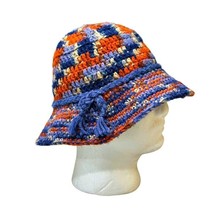 Vintage 70s Blue Orange Crochet Bucket Hat Retro BOHO Hippie Beanie Knit Winter - £15.29 GBP