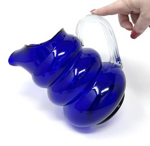 VTG Louie Harpo Cobalt Blue Glass Pitcher 64 Oz Bubble Beehive Ribbed Handle - £28.90 GBP