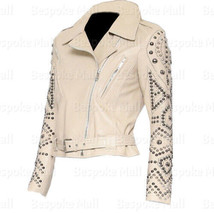 New Handmade Woman Cream Silver Studded Sleeves Cowhide Biker Leather Jacket-865 - £236.29 GBP
