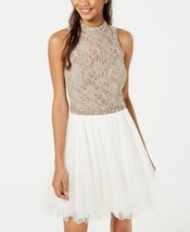 City Studios Juniors Lace And Tulle Fit And Flare Dress,Mushroom/Ivory Size 9 - £59.70 GBP