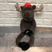 Hanging Moose Plush 18” Brown Stuffed Animal / Red Hat Hook &amp; Loop Paws EUC - £8.60 GBP