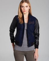 New Womens True Religion Varsity Leather Jacket XS Dark Navy Blue Black Logo  - £464.70 GBP