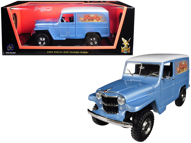 1955 Willys Jeep Station Wagon Silver Blue with White Top "Lucky" 1/18 Diecast M - $77.74