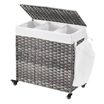 Handwoven Grey PP Rattan 3-Bag Laundry Basket Cart with Cotton Liner on Wheels - £107.11 GBP