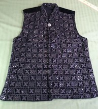 Vintage Sequin Embellished Black Vest with Velvet Accents - $24.07