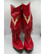 VTG LARRY MAHAN Fringe Cowgirl Boots with Snakeskin Inlay Size 6.5 B Red - £55.65 GBP