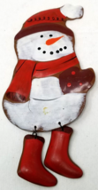 Snowman Christmas Figurine Metal Magnet Scarf Boots Movable Feet Vintage - $18.95