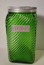 Owens Illinois Green Hoosier Square Jar Diagonal Ribbed with Lid - £39.17 GBP
