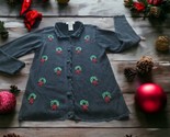 Women&#39;s Victoria Jones Christmas Sweater Black Cardigan with Wreaths Size L - $14.84