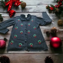 Women&#39;s Victoria Jones Christmas Sweater Black Cardigan with Wreaths Size L - £11.79 GBP
