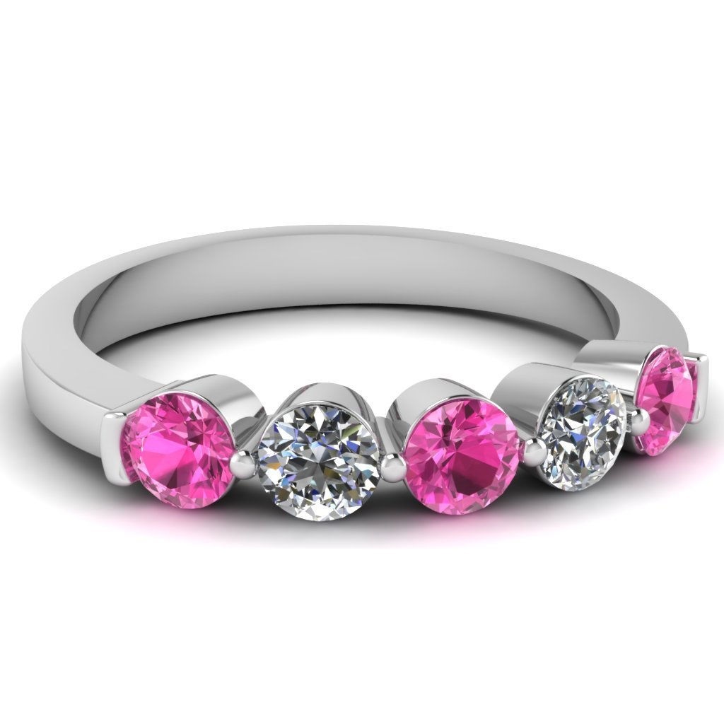 Primary image for 0.50 Ct Round Cut Diamond & Pink Sapphire Floating Style Five Stone Wedding Band