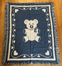 Vintage Goodwin Weavers Throw Blanket Blue Teddy Bear 31 Inch X 39 Inch - $29.09