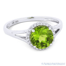 1.54 ct Round Cut Peridot &amp; Diamond Halo 14k White Gold Promise Engagement Ring - £243.74 GBP