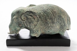 Antique Khmer Style Verdigris Bronze Abstract Elephant Statue - 21cm/8.5” Tall - £402.28 GBP