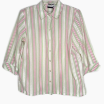 Kim Rogers Womens Size 10P Blouse Button Front 3/4 Sleeve Green Pink Stripe - £10.01 GBP