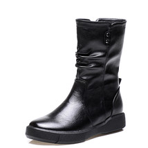 Fashion PU Leather Flat Boots Women Shoes Mid Calf Warm Snow Boots Autumn Winter - £58.04 GBP