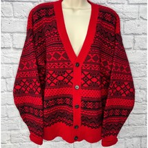 Claiborne Wool Blend Cardigan Sweater Size M Red Black Fair Isle V-Neck  - £29.72 GBP