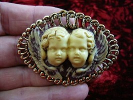 (CL49-7) Twin Cherubs angels ivory + burgundy CAMEO brass Pin Pendant Jewelry - £28.40 GBP