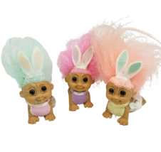 3 Vintage Russ Easter Bunny Ears Baby Trolls W/ Teal Pink + Peach Hair Toy - £29.27 GBP