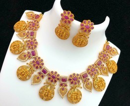 22K Handmade Indian Gold Plated fine CZ Ruby Necklace jewelry Jewellery - £147.96 GBP