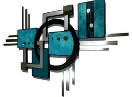 Contemporary Modern Abstract Teal blue Wood Metal Wall Sculpture 32x24 by Art69 - £158.26 GBP