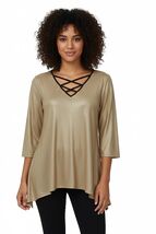 NY Collection Asymmetrical Mocha Gold Glittery Lace-Up 3/4 Sleeve Blouse... - $17.81