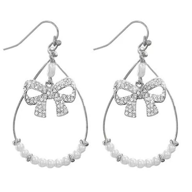 Silver Crystal Bow Pearl Teardrop Earrings Item image 2
