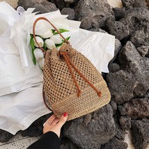 Drawstring Women&#39;s Straw Bucket Bag Summer Woven Shoulder Bags Purse Beach Handb - £23.81 GBP