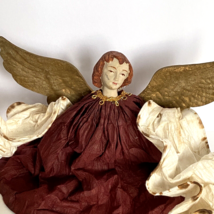 Vintage Christmas Tree Topper Angel Hand Painted Wine Red Dress Red Hair - £27.49 GBP