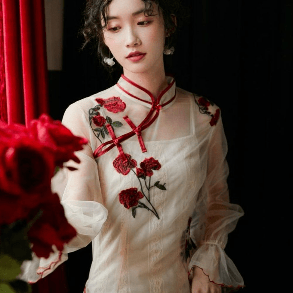 Embroidered Rose Lace Cheongsam Qipao Dress - $79.00