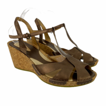 Clarks Wedge Sandals Womens 10 Bronze Leather Cork T-Strap Buckle Peep A... - £20.74 GBP