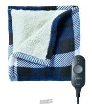 Sunbeam Electric Heated Sherpa Plush Warming Throw Blanket Blue Tartan P... - $75.99