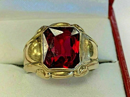3Ct Emerald Cut CZ Red Garnet Engagement Ring In 14K Yellow Gold Plated Sliver - £89.91 GBP