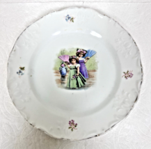 Antique Plate 2 Young Girls w Purple Green Dresses &amp; Fans 7 Inch Victorian - $12.38