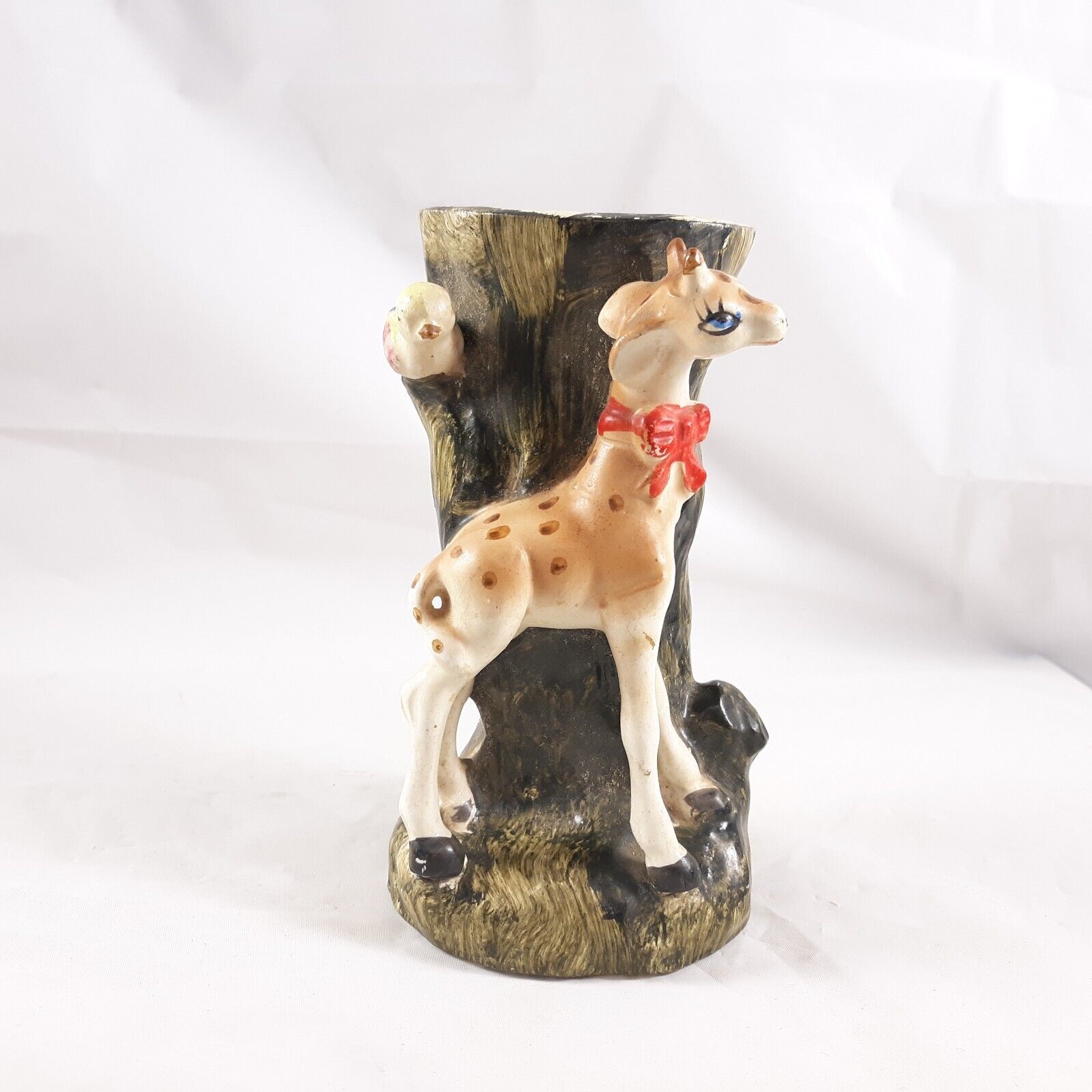 Primary image for Vintage Giraffe With Bow Figural Vase Kitschy Ceramic Hand Painted