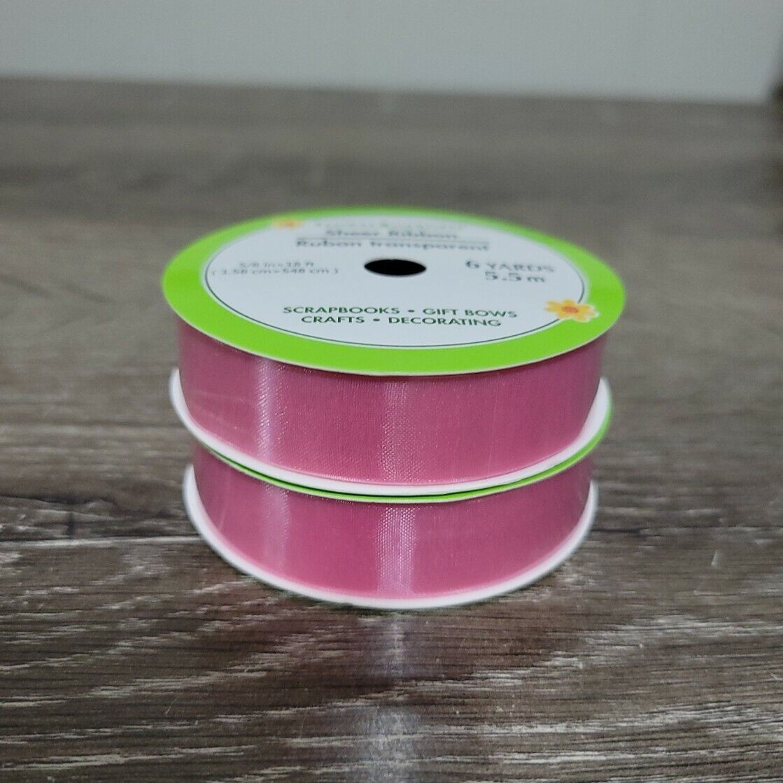 2 Rolls Floral Garden Sheer Ribbon, Pink  5/8&quot; x18&#39; 6 Yards Scrapbooks,G... - $11.76